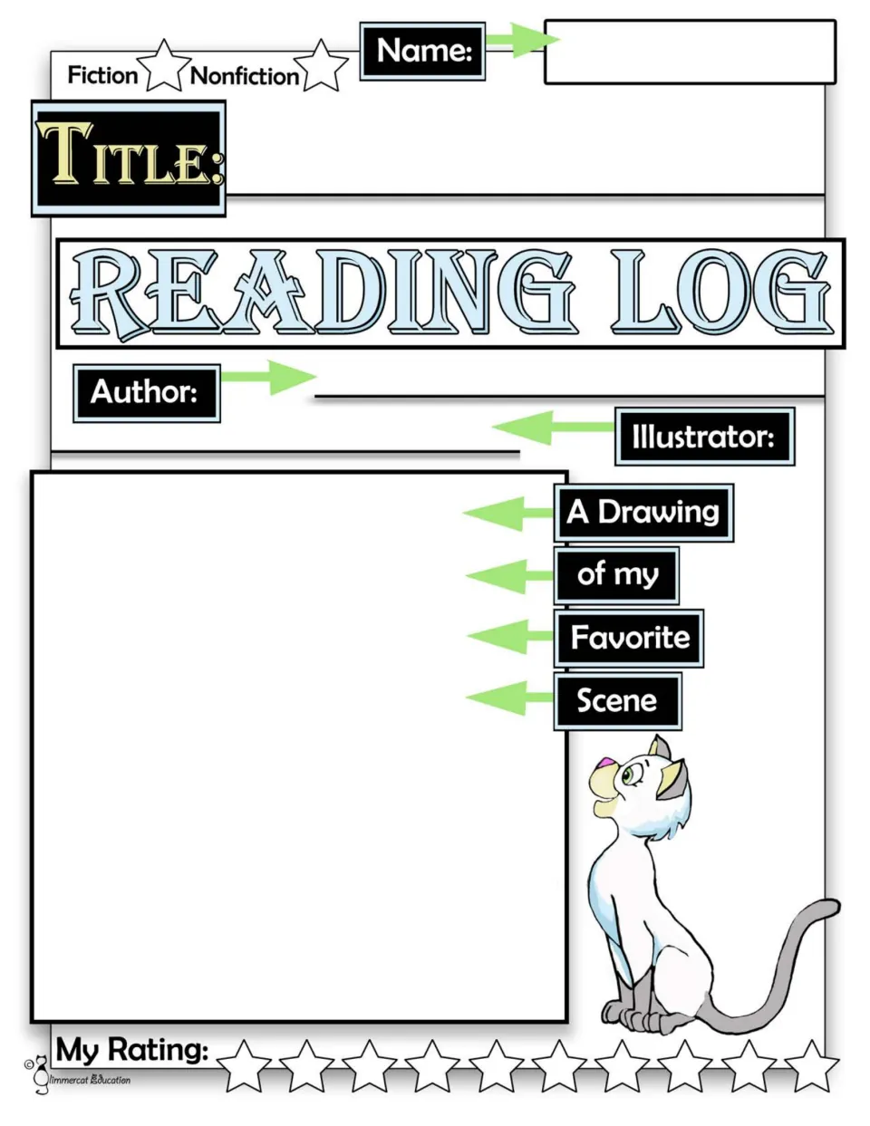 Reading response sheet: students write name, title, author and illustrator, draw a favorite scene and give a star rating