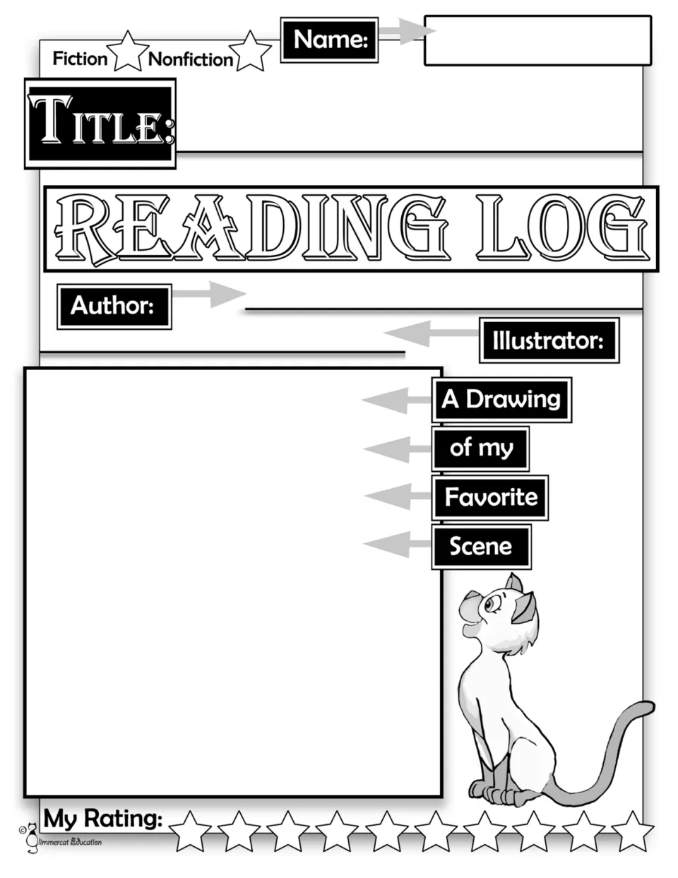 Black-and-white book response: students choose fiction or nonfiction, note the author and illustrator, and sketch a scene