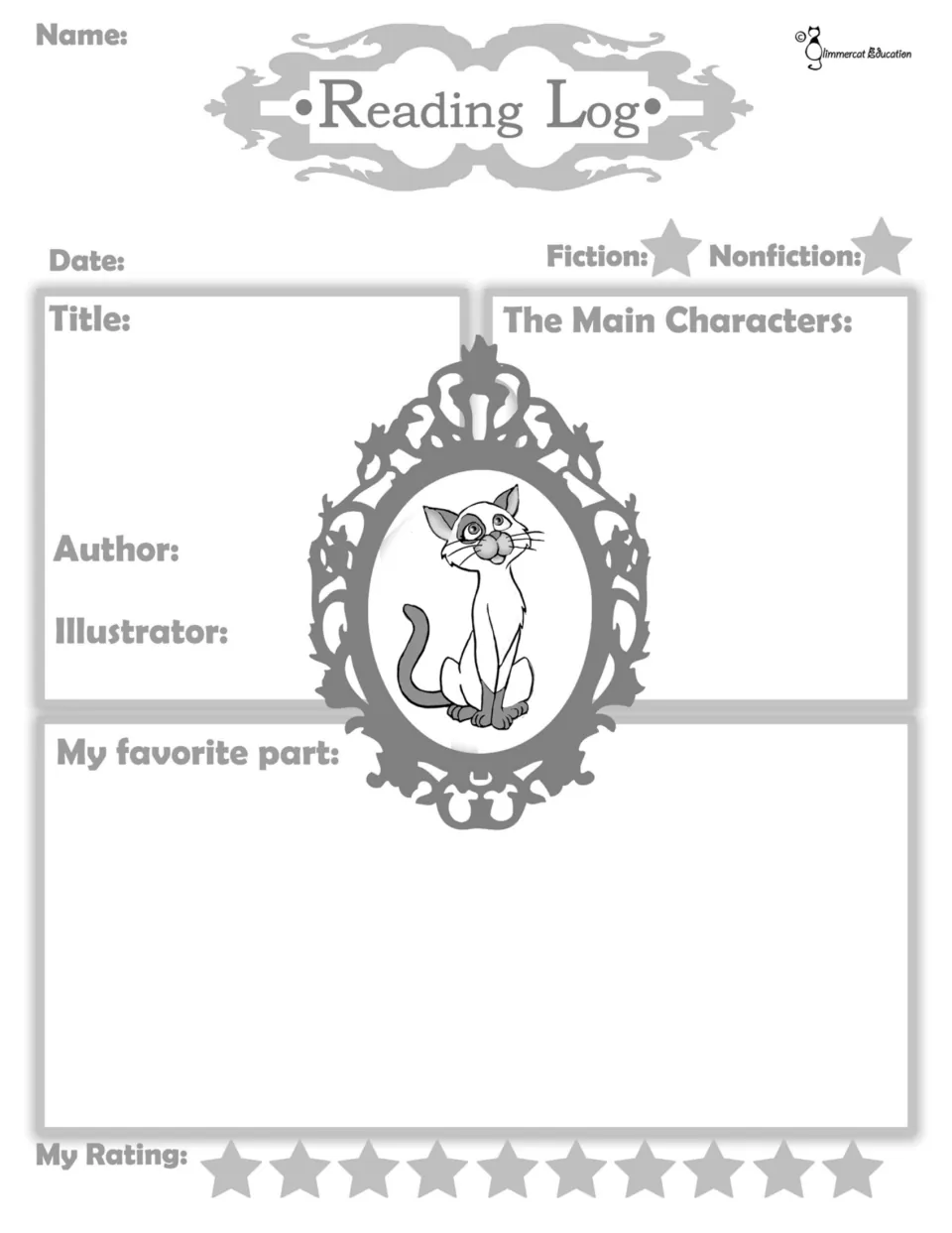 Grayscale reading record: students log the date and main characters, describe their favorite part and rate it on 10 stars