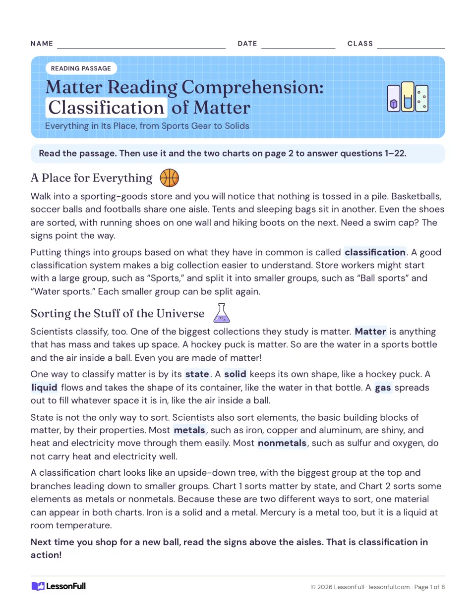 Matter reading comprehension passage on classification, from a sporting-goods store to solids, liquids, gases and metals