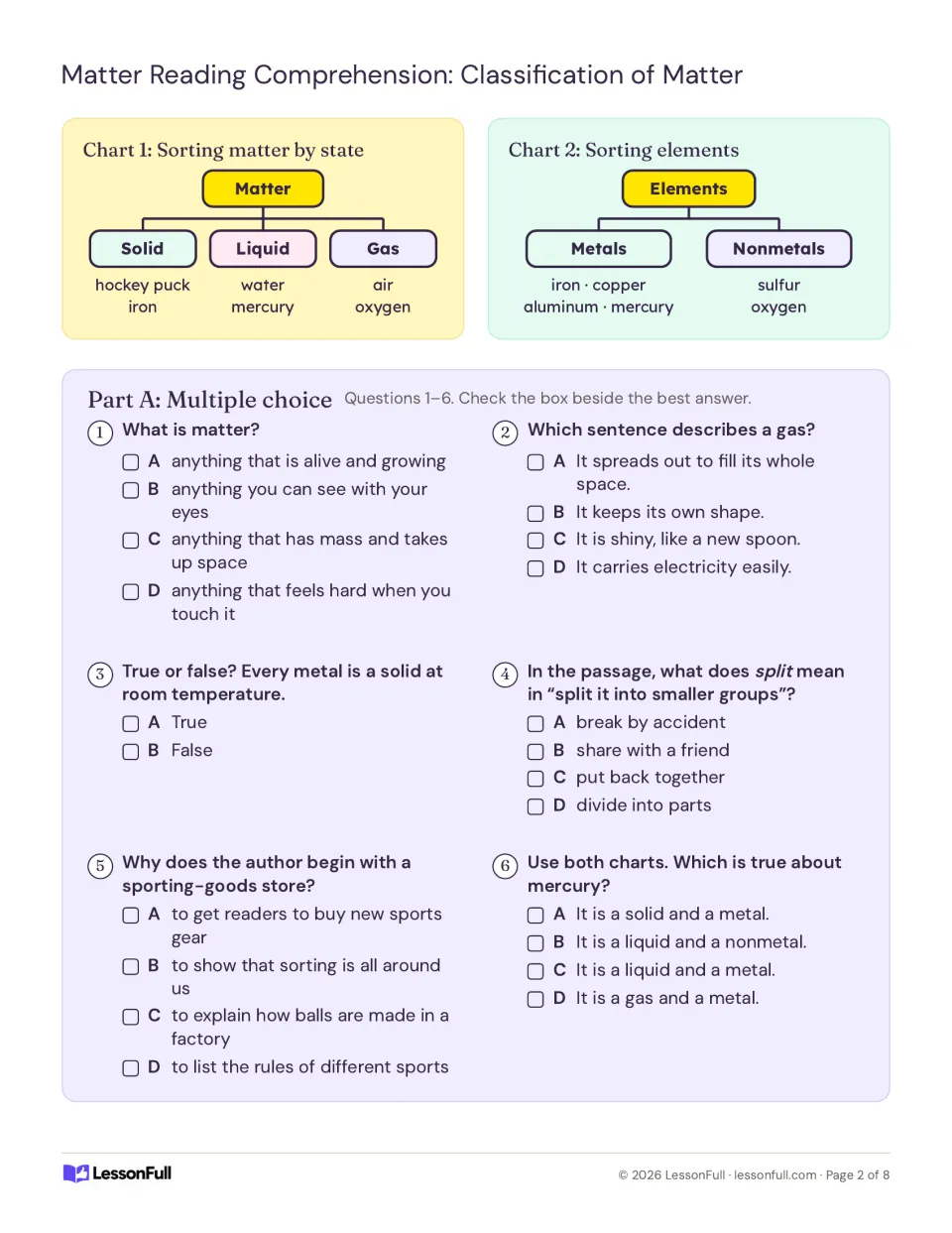 Two charts sort matter by state and elements as metals or nonmetals, followed by six multiple choice questions on the passage