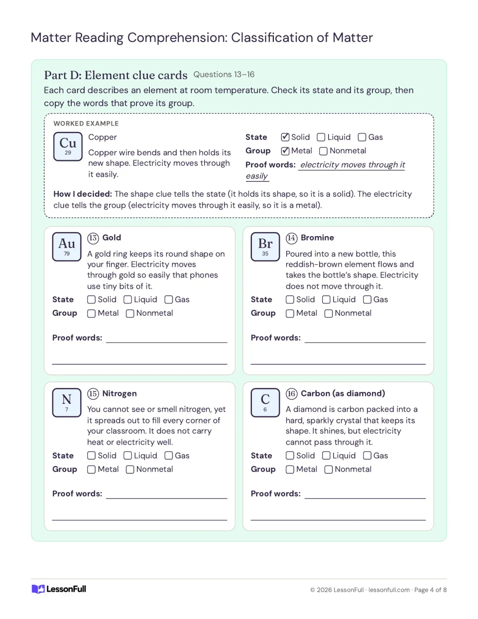 Element clue cards for gold, bromine, nitrogen and carbon as diamond: check state and metal or nonmetal, copy proof words