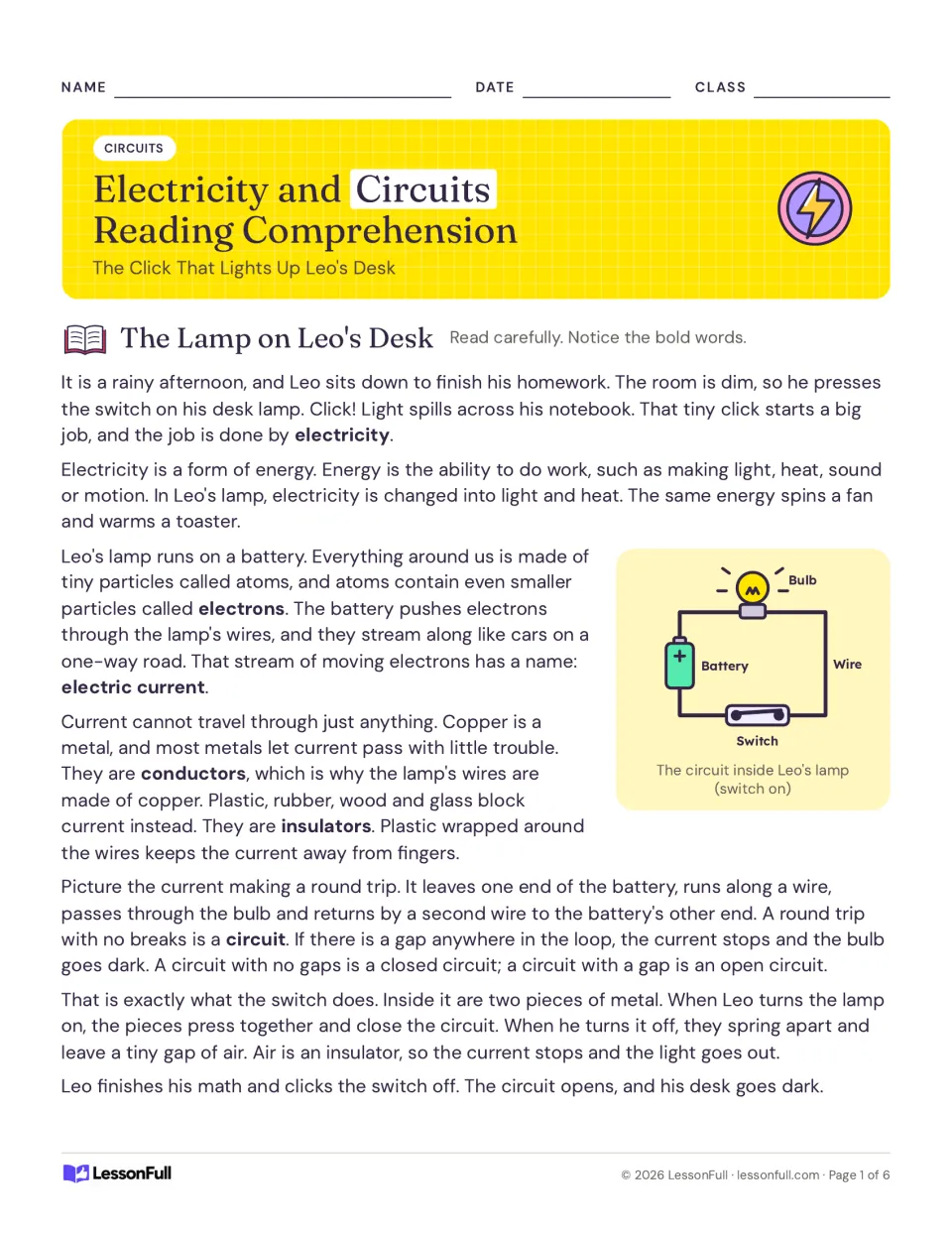 The Lamp on Leo's Desk: a passage on energy, current, conductors and circuits, with a battery, switch and bulb diagram