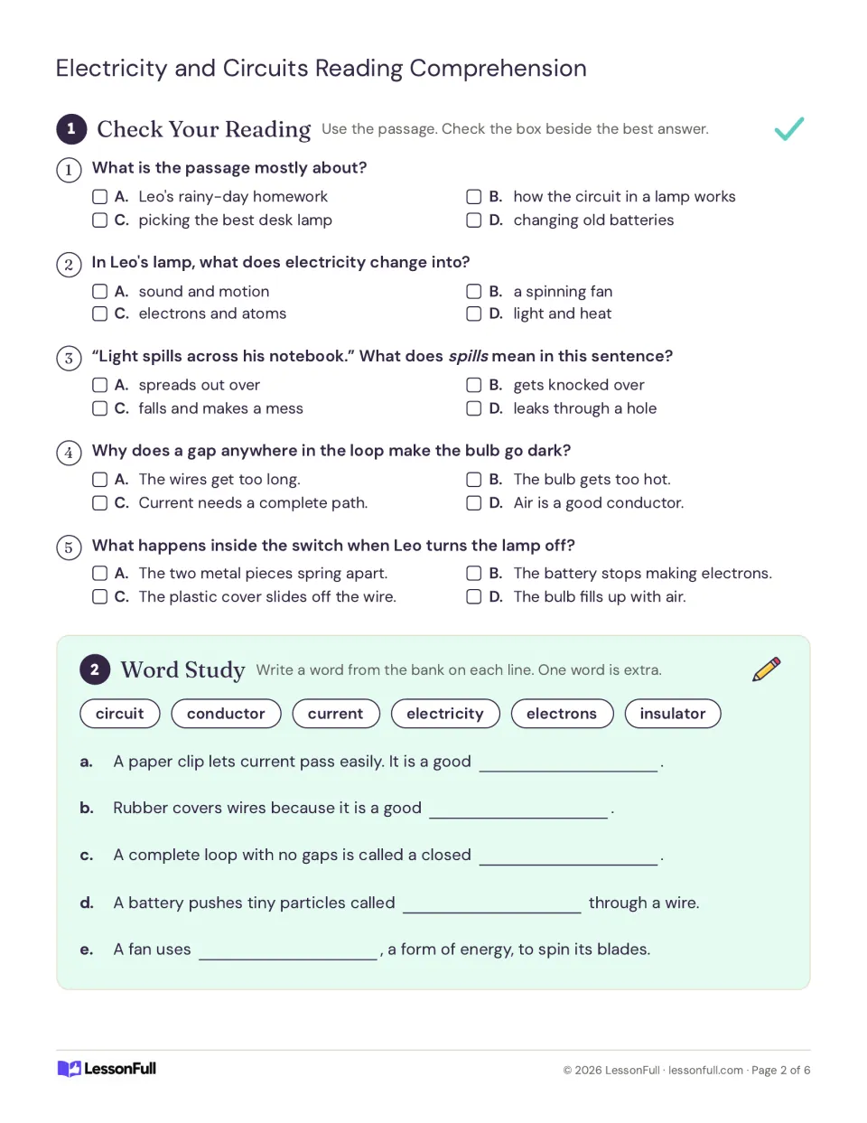 Check Your Reading: five multiple-choice questions on the lamp passage, then a word study with circuit vocabulary