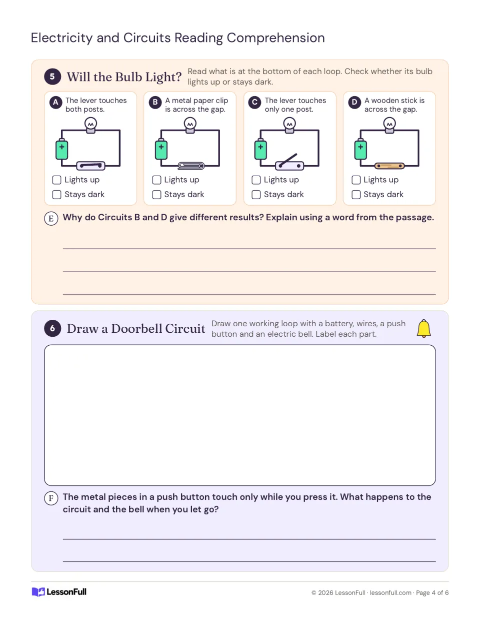 Will the Bulb Light? Students judge four circuit loops as lit or dark, then draw and label a doorbell circuit