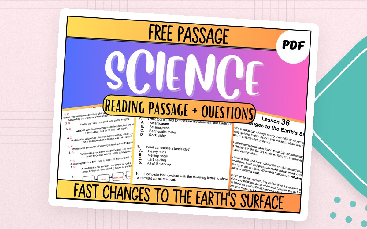 Science reading-passage cover titled “Fast Changes to the Earth’s Surface” with passage, questions, diagrams and a sequence activity.
