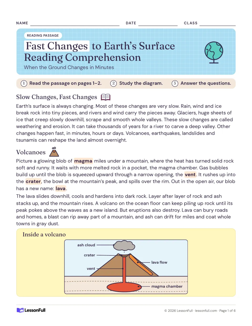 Fast changes to Earth's surface passage opening on slow versus fast change and volcanoes, with an Inside a volcano diagram