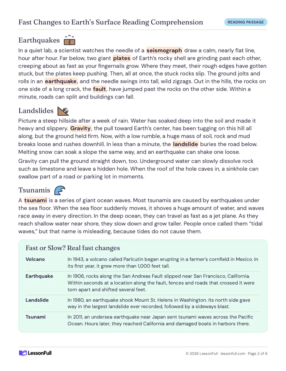 Passage sections on earthquakes, landslides and tsunamis, with a Fast or Slow? table of real events from 1906 to 2011