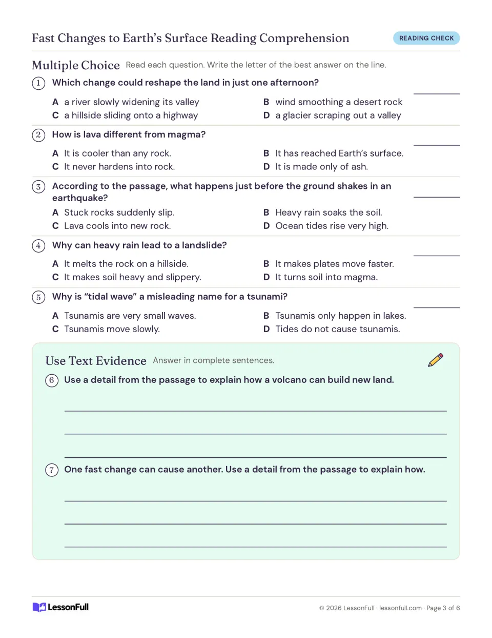 Reading check with five multiple choice questions on lava, landslides and tsunamis, plus two text evidence responses