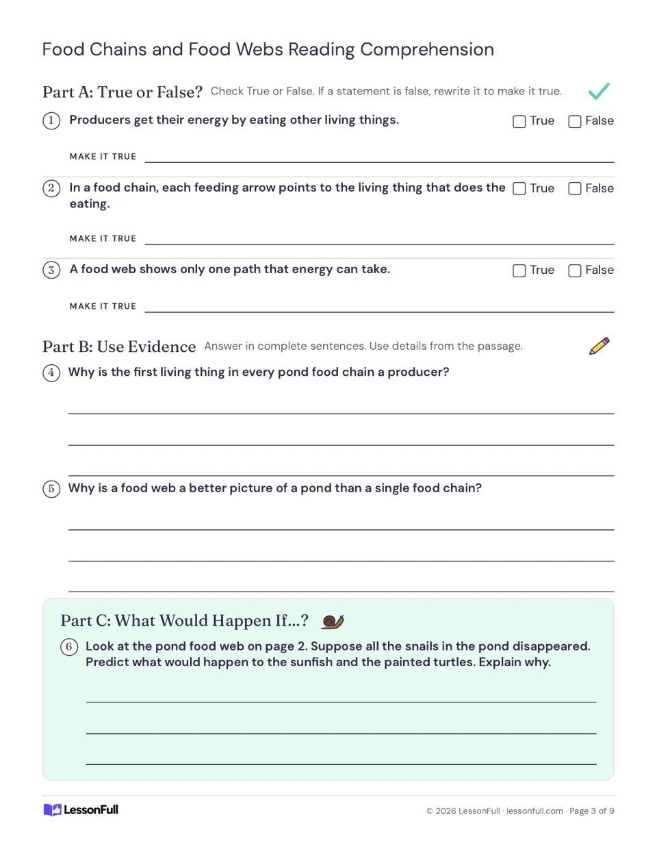 Food chain questions: students fix false statements, answer with passage evidence and predict what happens without snails