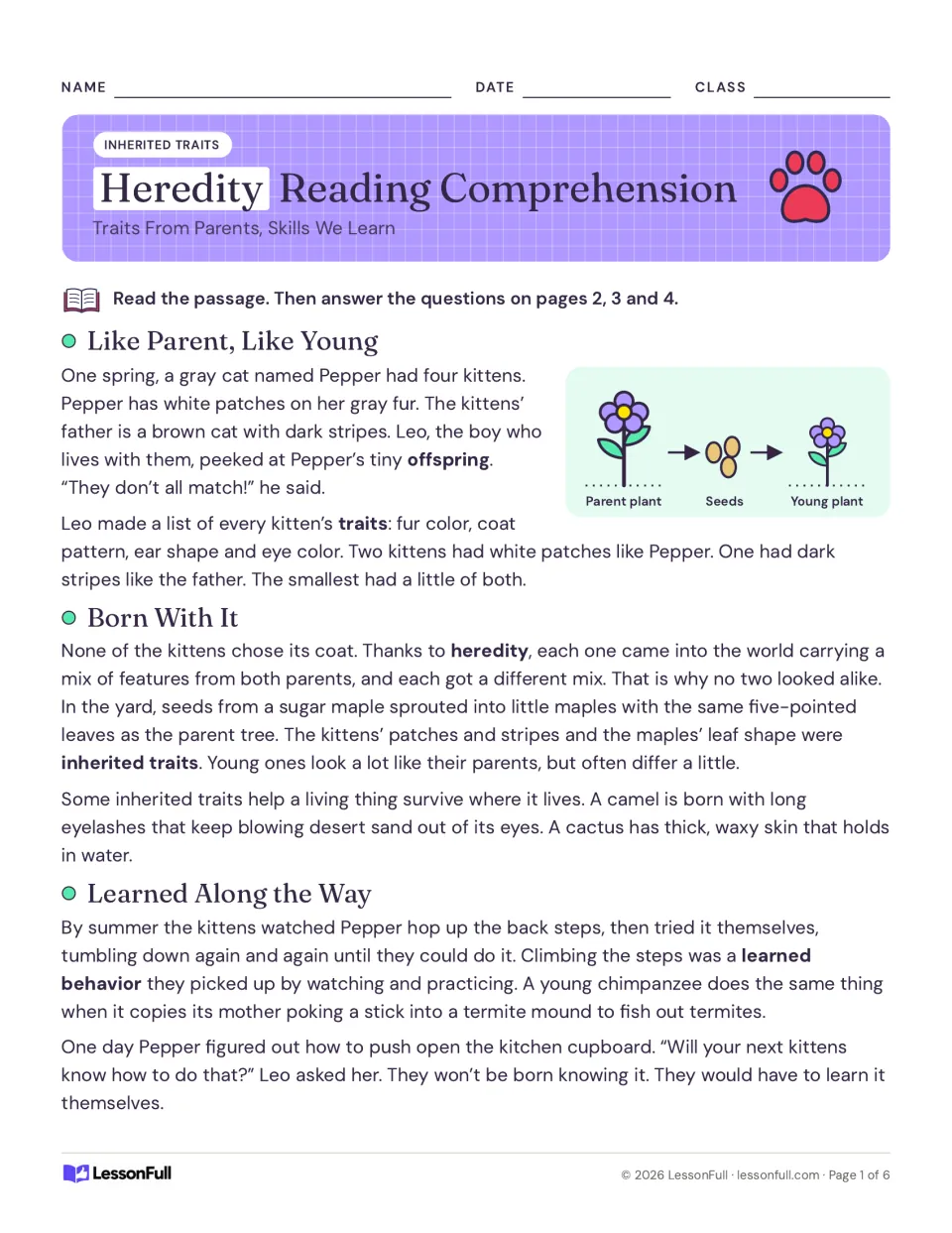 Heredity passage: Pepper the cat's kittens, traits from parents, inherited traits and learned behavior, with a plant diagram