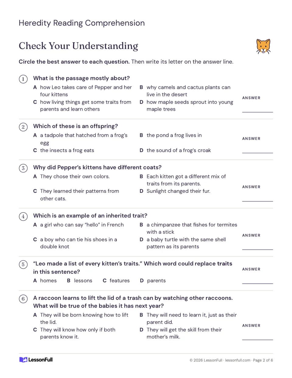 Check Your Understanding: six multiple-choice questions on the heredity passage, offspring and inherited traits