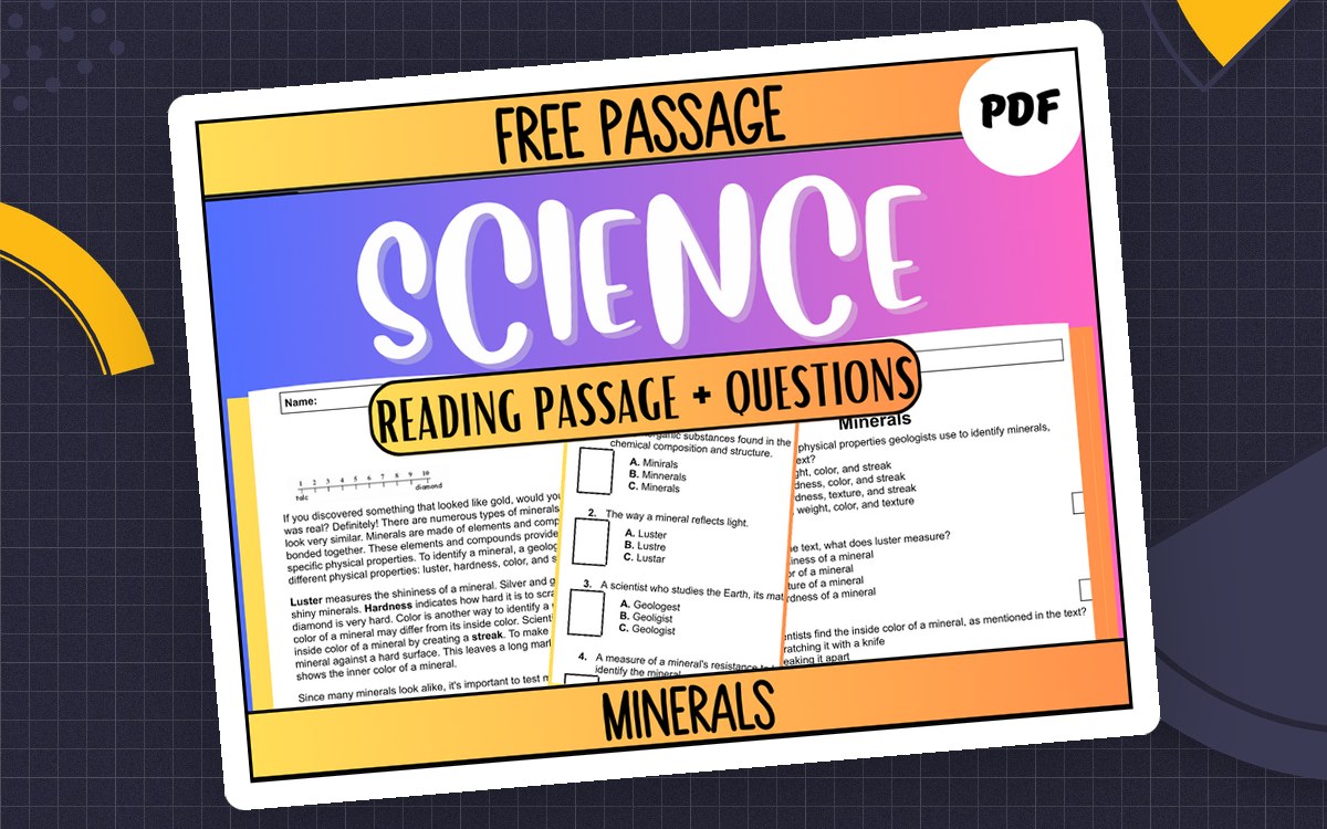 Science reading-passage cover titled “Minerals” showing the nonfiction text, multiple-choice questions and vocabulary activities.