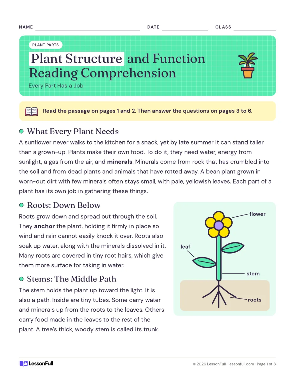 Plant parts passage on what plants need, roots and stems, with a labeled diagram of flower, leaf, stem and roots