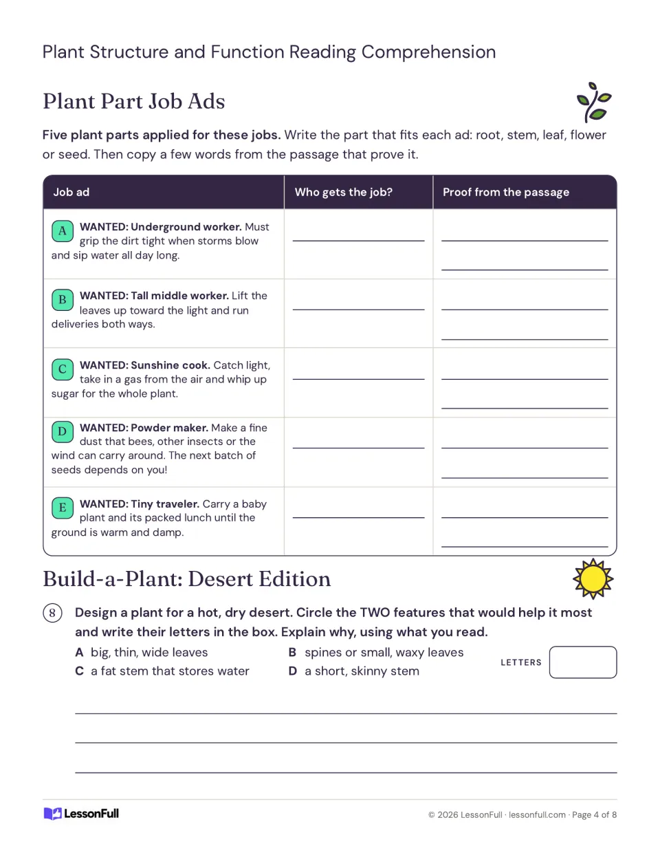 Plant Part Job Ads: match five want ads to root, stem, leaf, flower or seed, then design a desert plant