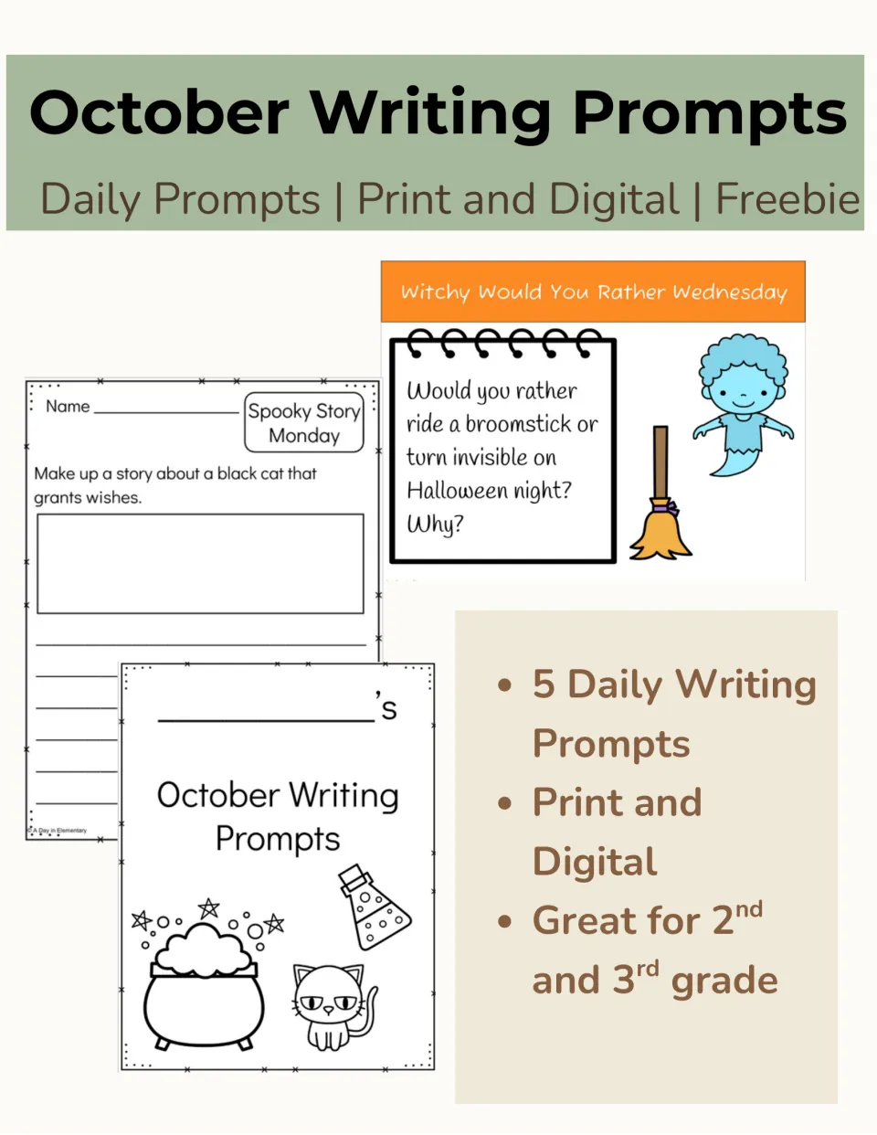 October Writing Prompts freebie cover: 5 daily prompts, print and digital, with sample pages and a cauldron cover