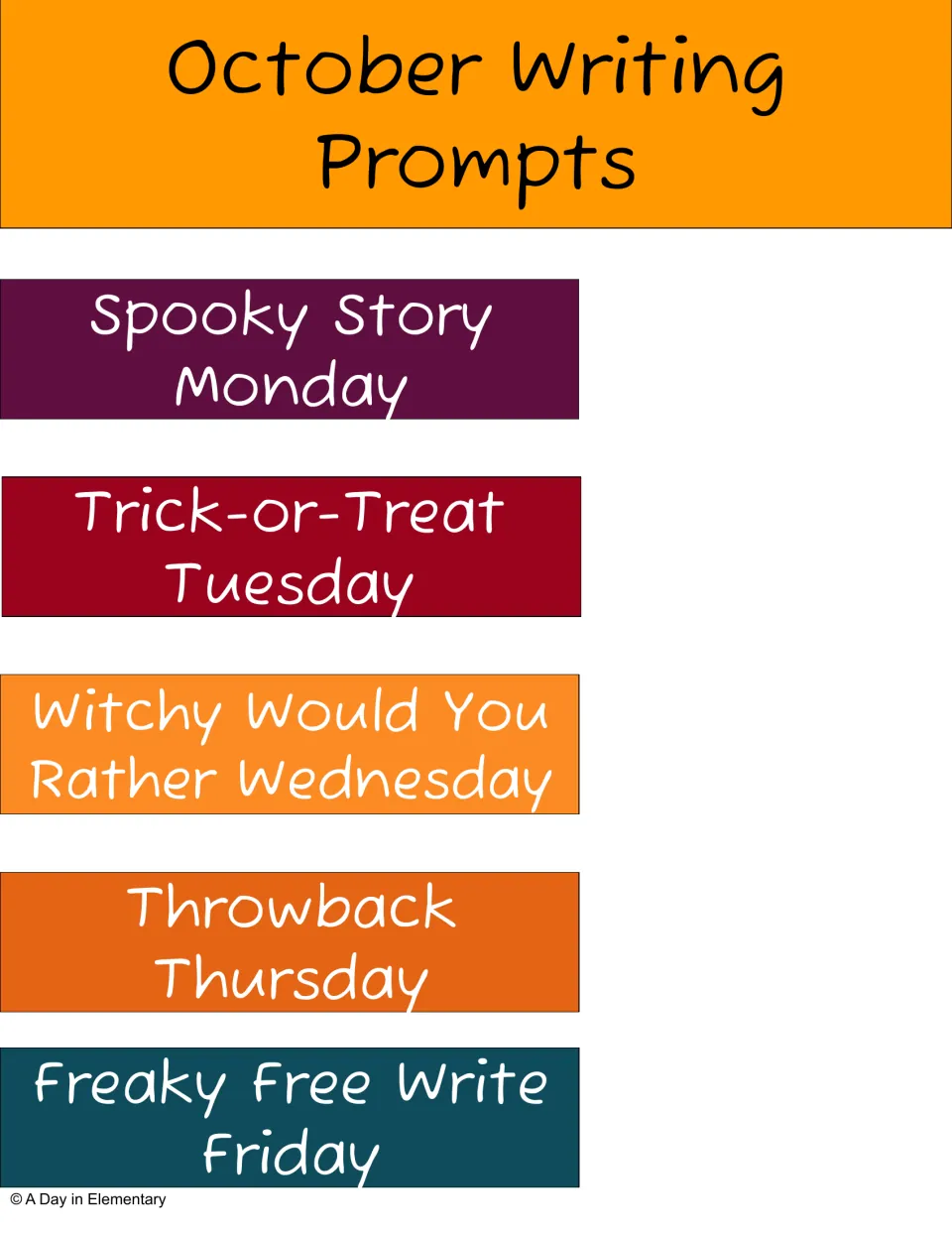 Color-coded October Writing Prompts title strip and five day labels from Spooky Story Monday to Freaky Free Write Friday