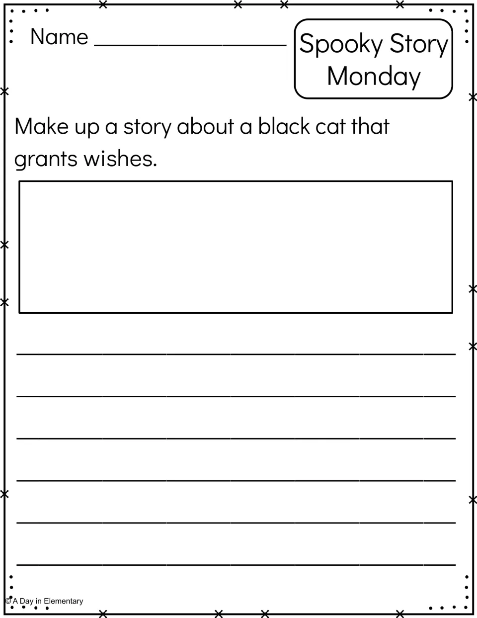 Spooky Story Monday: students write a story about a black cat that grants wishes, with a drawing space and lines