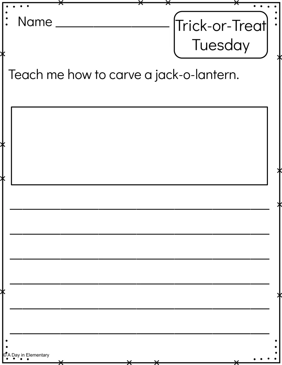 Trick-or-Treat Tuesday: students write how-to steps for carving a jack-o-lantern, with a drawing space and lines