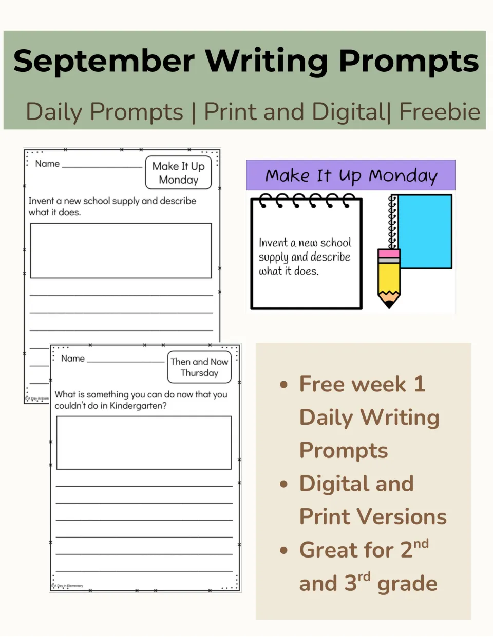 Writing sampler preview showing Monday and Thursday prompts and a digital example for the free first week