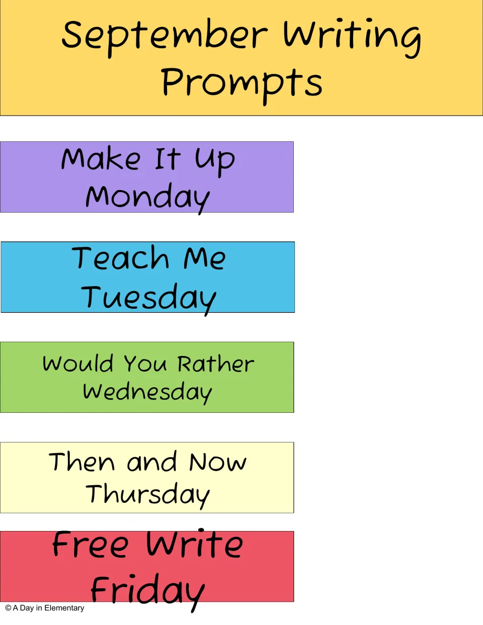 Daily writing theme guide: Make It Up Monday, Teach Me Tuesday, and three more themes through Friday