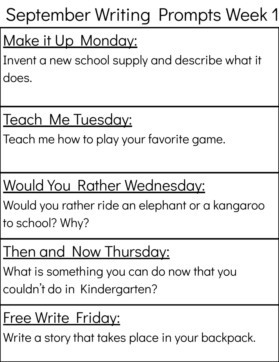 Week 1 writing overview: invent a school supply, explain a favorite game, and three more daily prompts