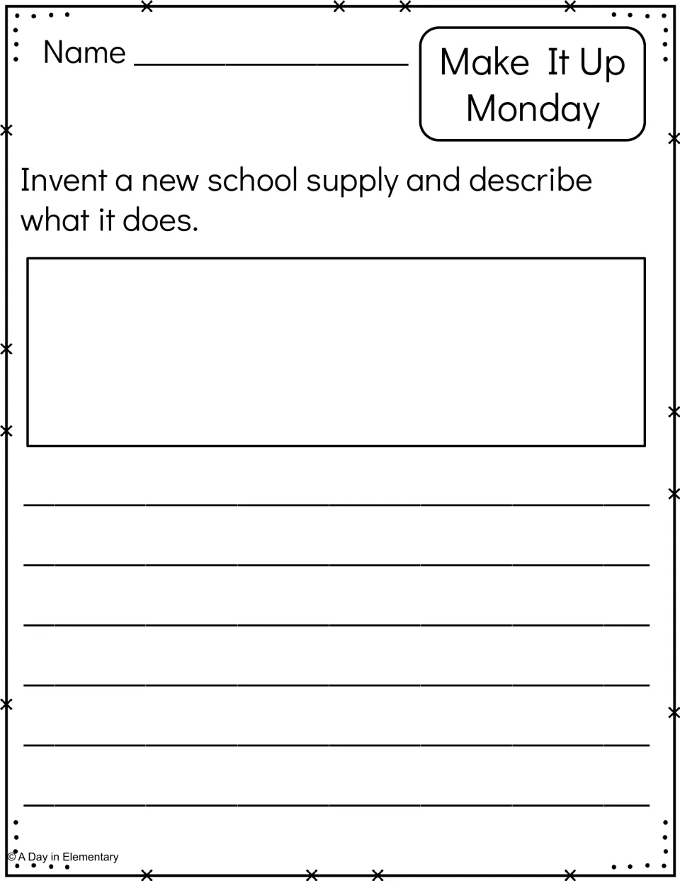 Make It Up Monday response page asks students to invent a new school supply and describe what it does