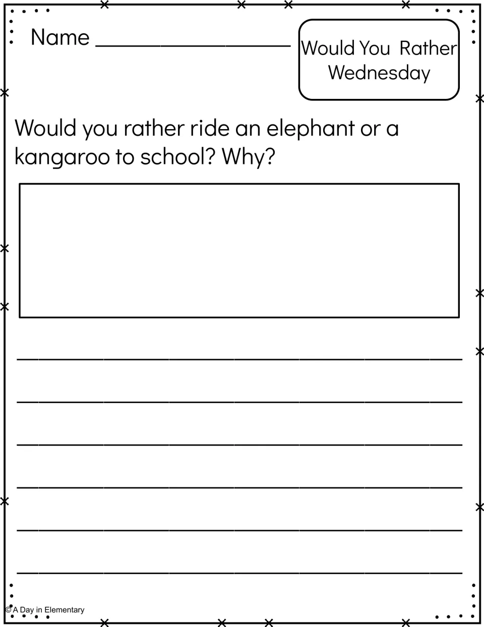 Would You Rather Wednesday response page asks students to choose an elephant or kangaroo ride to school and say why