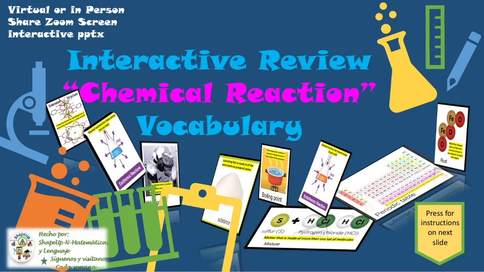 Cover of the chemical reaction vocabulary PowerPoint, labeled for virtual or in-person interactive review
