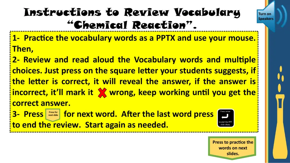 Review instructions: practice vocabulary, select answer letters, retry incorrect choices, and advance slides