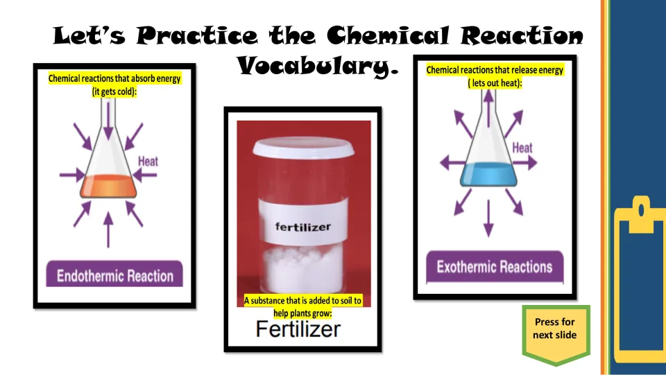 Vocabulary practice slide defining endothermic reaction, fertilizer, and exothermic reactions with pictures