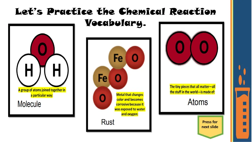 Vocabulary practice slide defining molecule, rust, and atoms with labeled hydrogen, oxygen, and iron diagrams