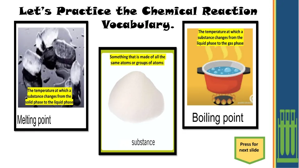 Vocabulary practice slide defining melting point, substance, and boiling point with ice and boiling water