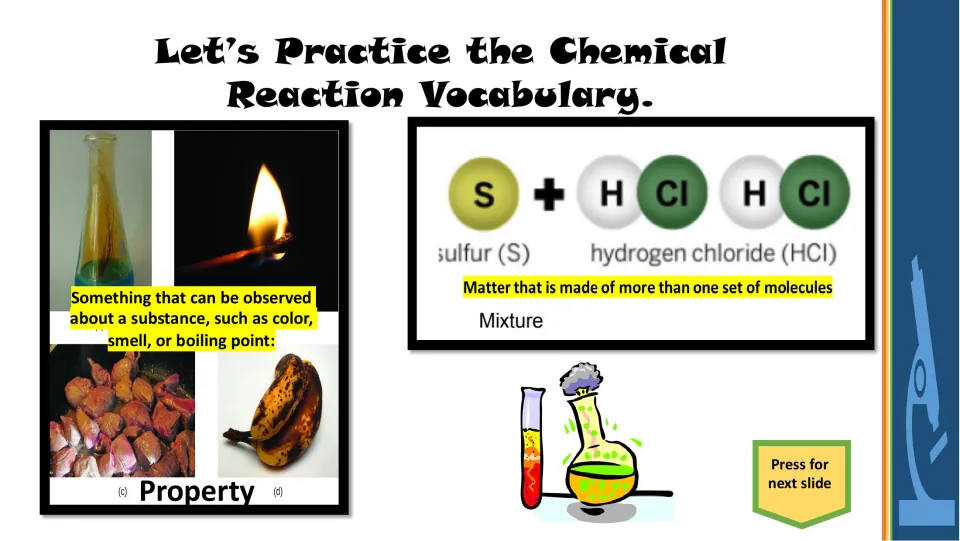 Vocabulary practice slide defining property and mixture, with photos and sulfur and hydrogen chloride models