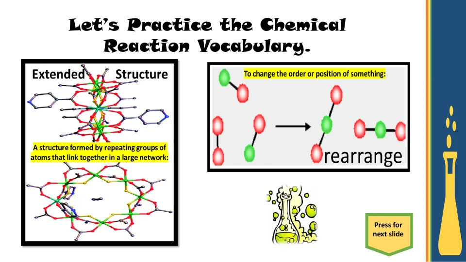 Vocabulary practice slide defining extended structure and rearrange, with linked atoms and a before-and-after model