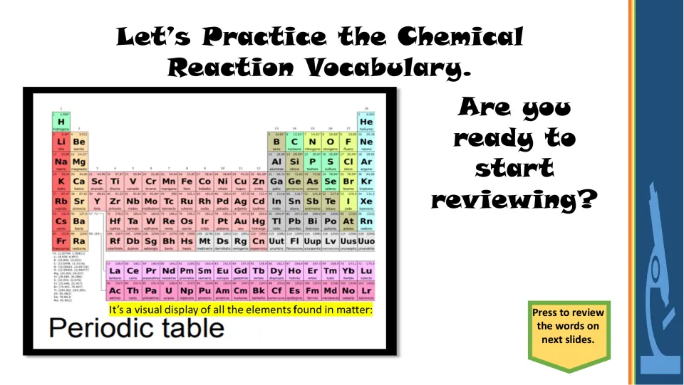 Vocabulary practice slide defining the periodic table as a display of elements and prompting students to review
