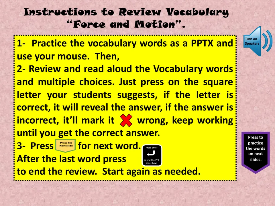 Review instructions explain reading vocabulary aloud, clicking answer letters, and retrying incorrect answers