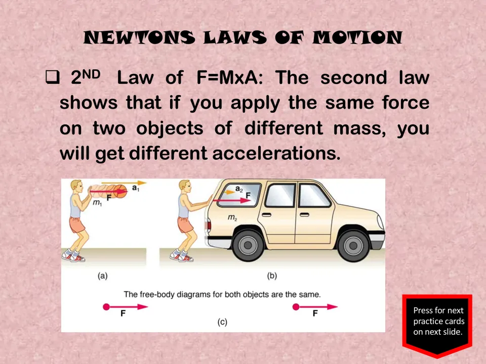 Second law of motion review uses F = M × A and compares equal forces applied to a basketball and a car