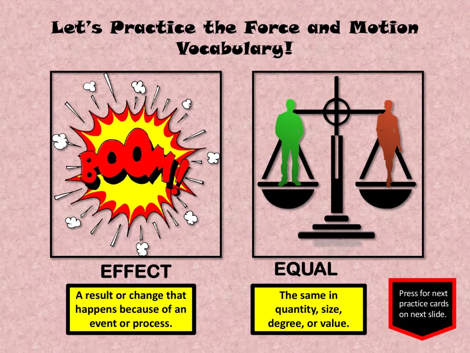 Vocabulary practice slide defines effect as a result or change and equal as the same in quantity or value