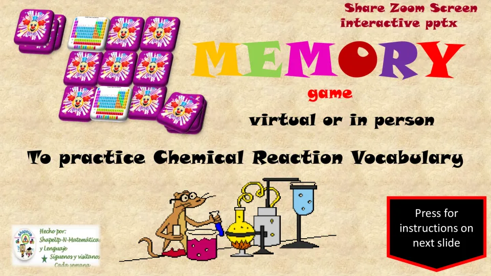 Memory game cover introduces chemical reaction vocabulary practice for virtual or in-person PowerPoint play.