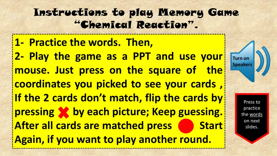 Memory game instructions explain practicing words, selecting cards, flipping mismatches, and starting again.