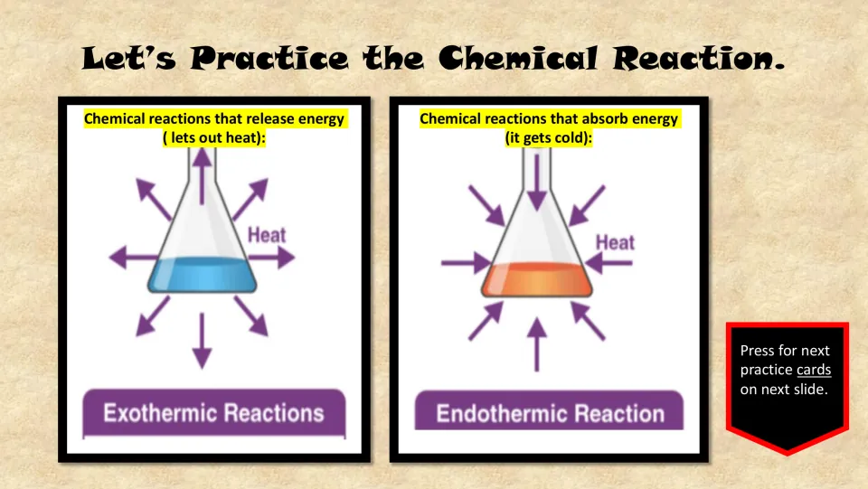 Vocabulary practice cards define exothermic and endothermic reactions, with arrows showing heat flow.