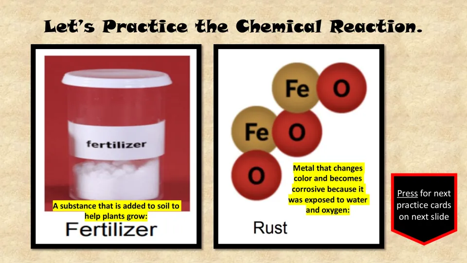 Vocabulary practice cards define fertilizer and rust, illustrated by a fertilizer container and an iron oxide model.