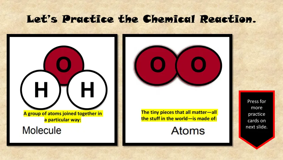 Vocabulary practice cards define molecule and atoms, using a water molecule diagram and labeled oxygen circles.