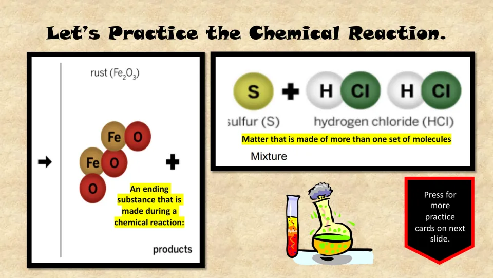 Vocabulary practice cards introduce products and mixture through rust and sulfur with hydrogen chloride diagrams.