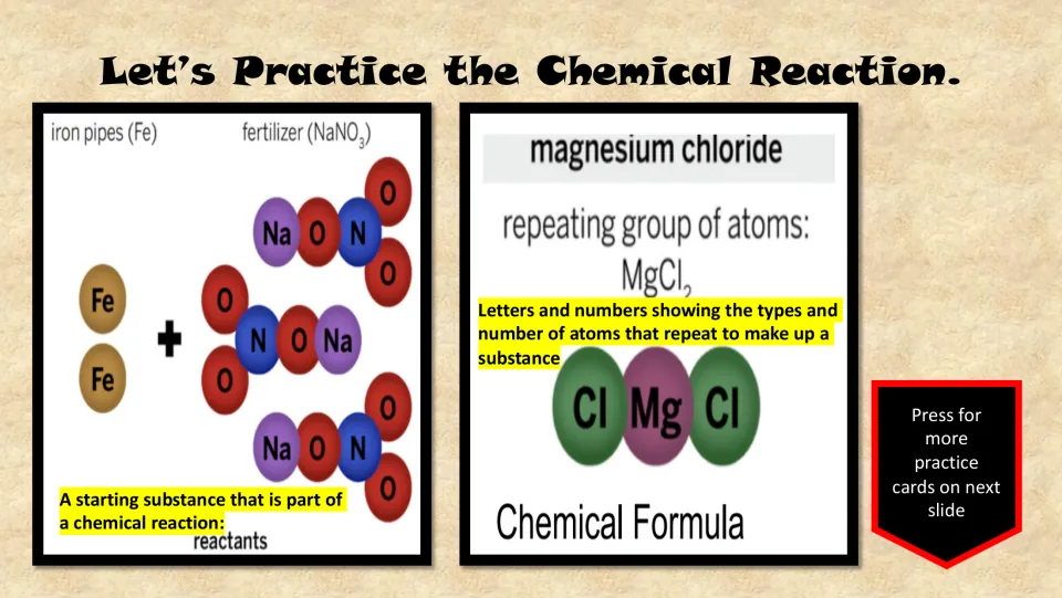 Vocabulary practice cards define reactants and chemical formula, with iron, fertilizer, and magnesium chloride.