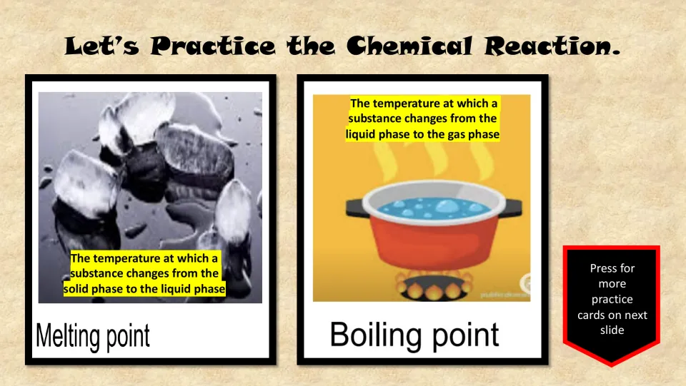 Vocabulary practice cards define melting point and boiling point, illustrated by melting ice and a boiling pot.