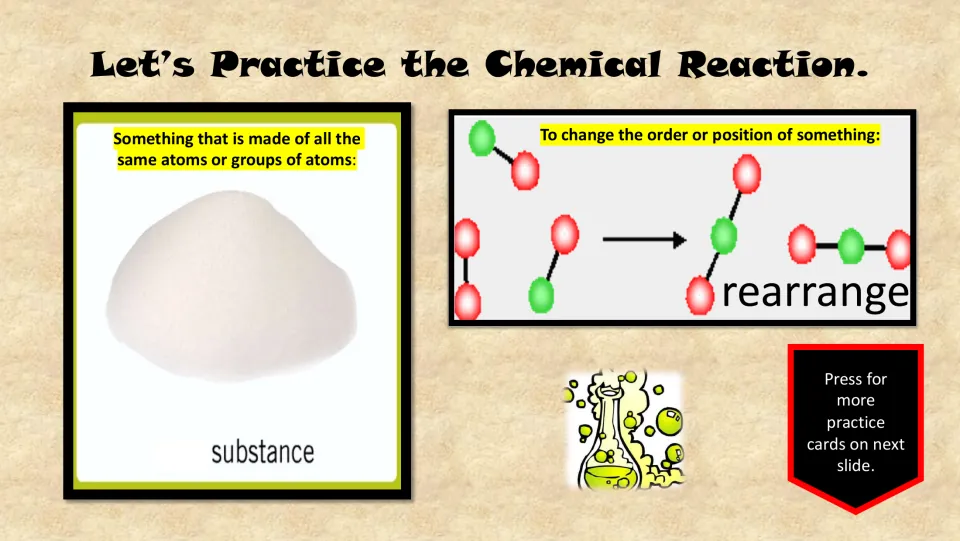 Vocabulary practice cards define substance and rearrange, with a white powder photo and an atom rearrangement diagram.