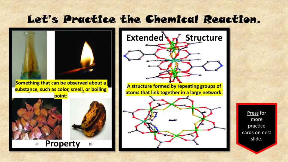 Vocabulary practice cards define property and extended structure, with substance photos and linked atom models.