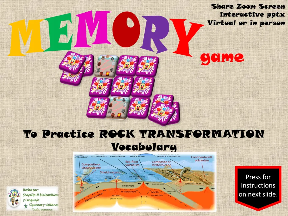 Cover of the rock transformation vocabulary memory game, labeled for virtual or in-person PowerPoint play